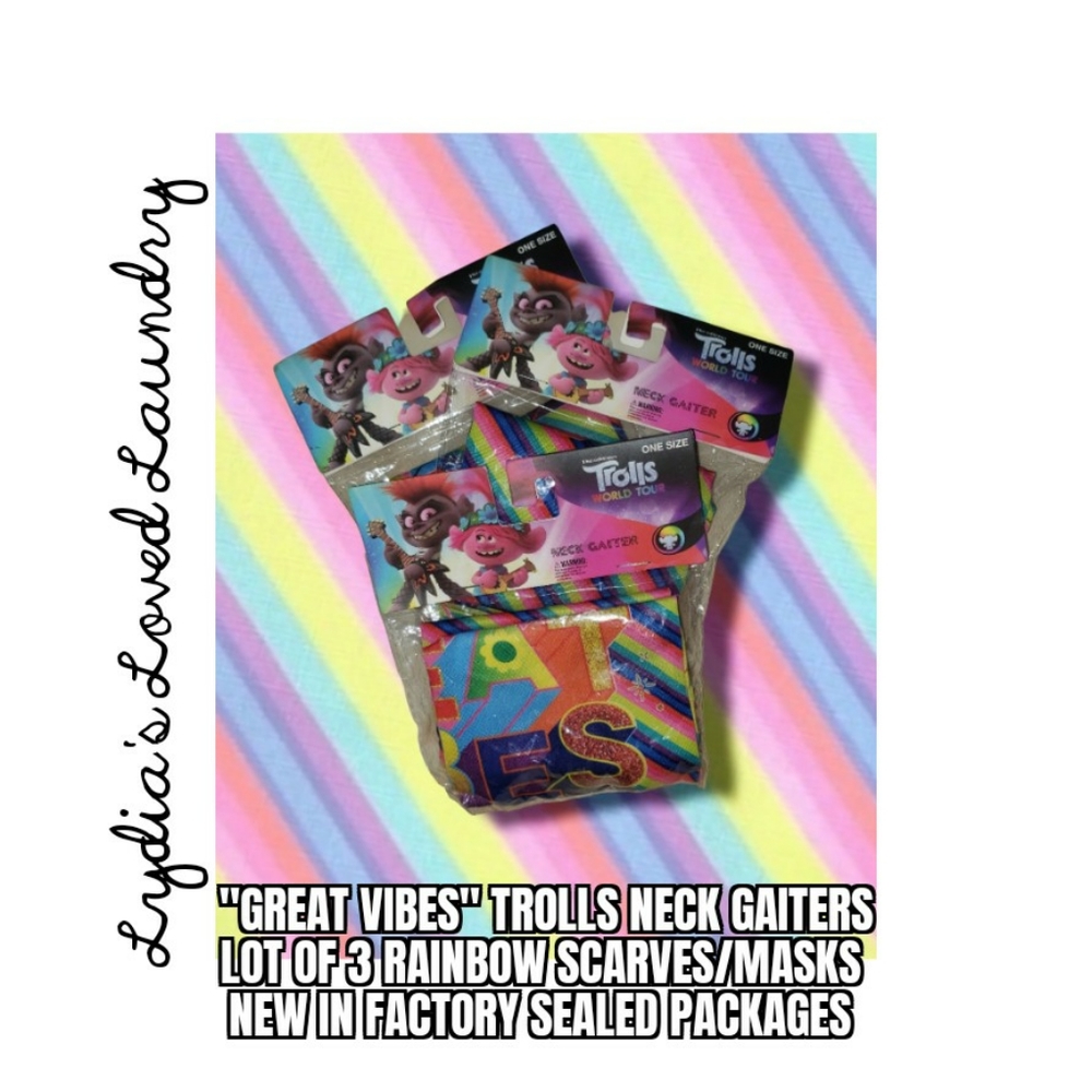 🌞 5/$20 "Great Vibes" Trolls Rainbow Gaiters Scarves Masks New Lot Of 3